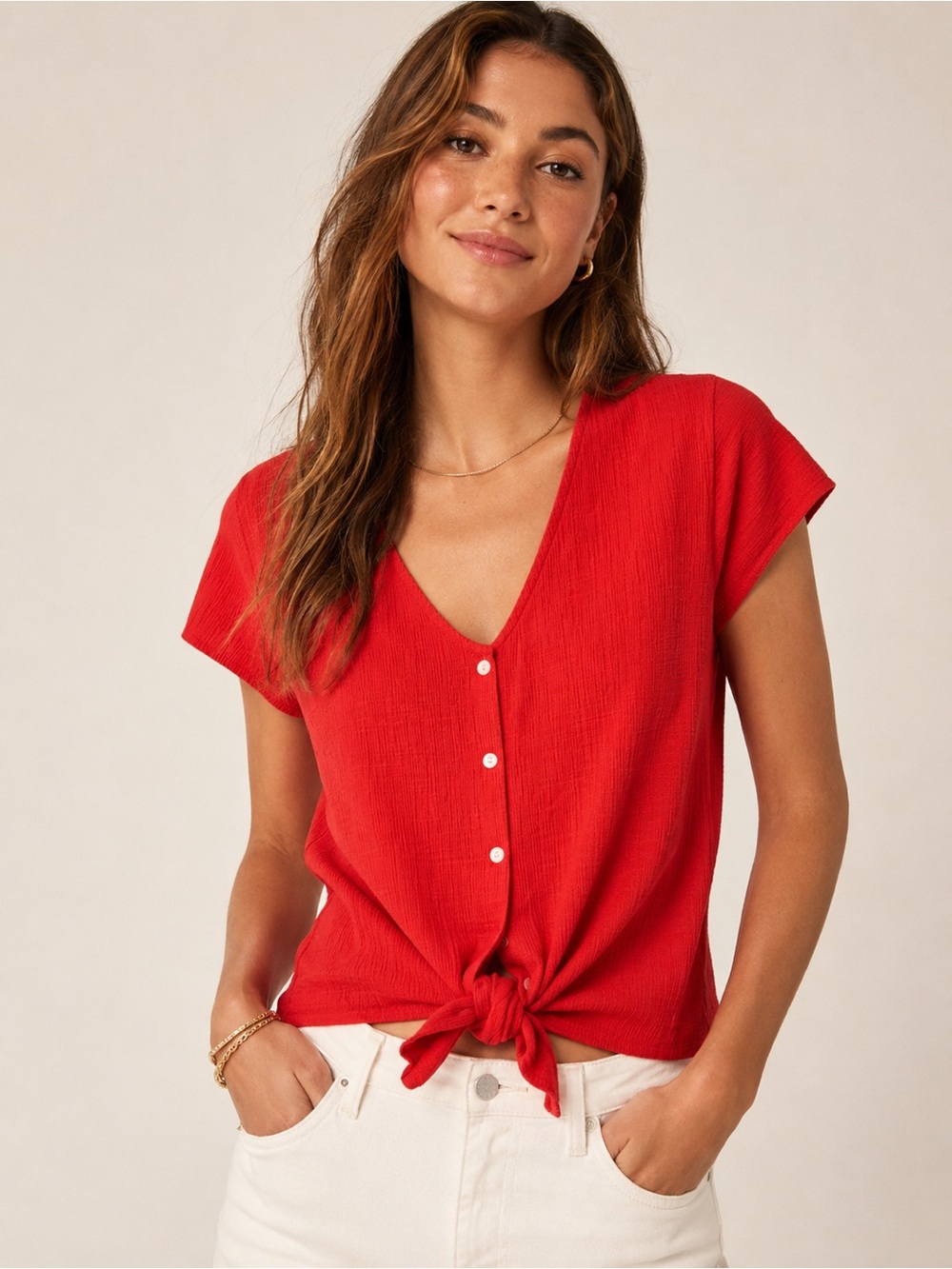 J. Crew Red Tie-Front V-Neck Button Top